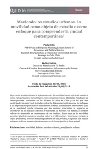 Imilan, W. A., & Jiron, P. (2018). Moviendo los estudios urbanos. La movilidad como objeto de estudio o como enfoque para comprender la ciudad contemporánea. Quid 16: Revista del Área de Estudios Urbanos, (10), 17-36. 