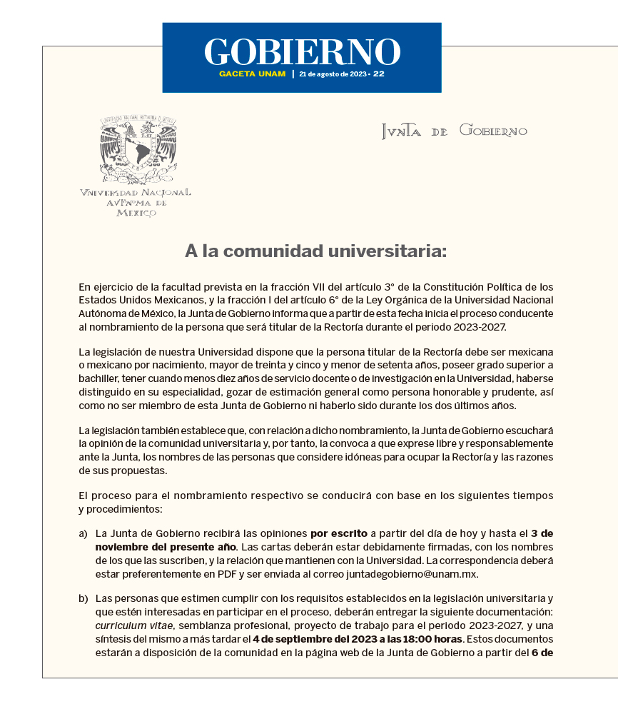 Emite La Junta de Gobierno convocatoria para el proceso de nombramiento a la rectoría