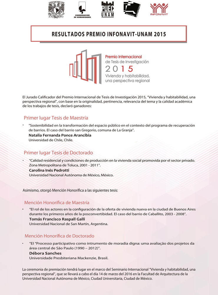 Resultados Premio Infonavit-Unam 2015